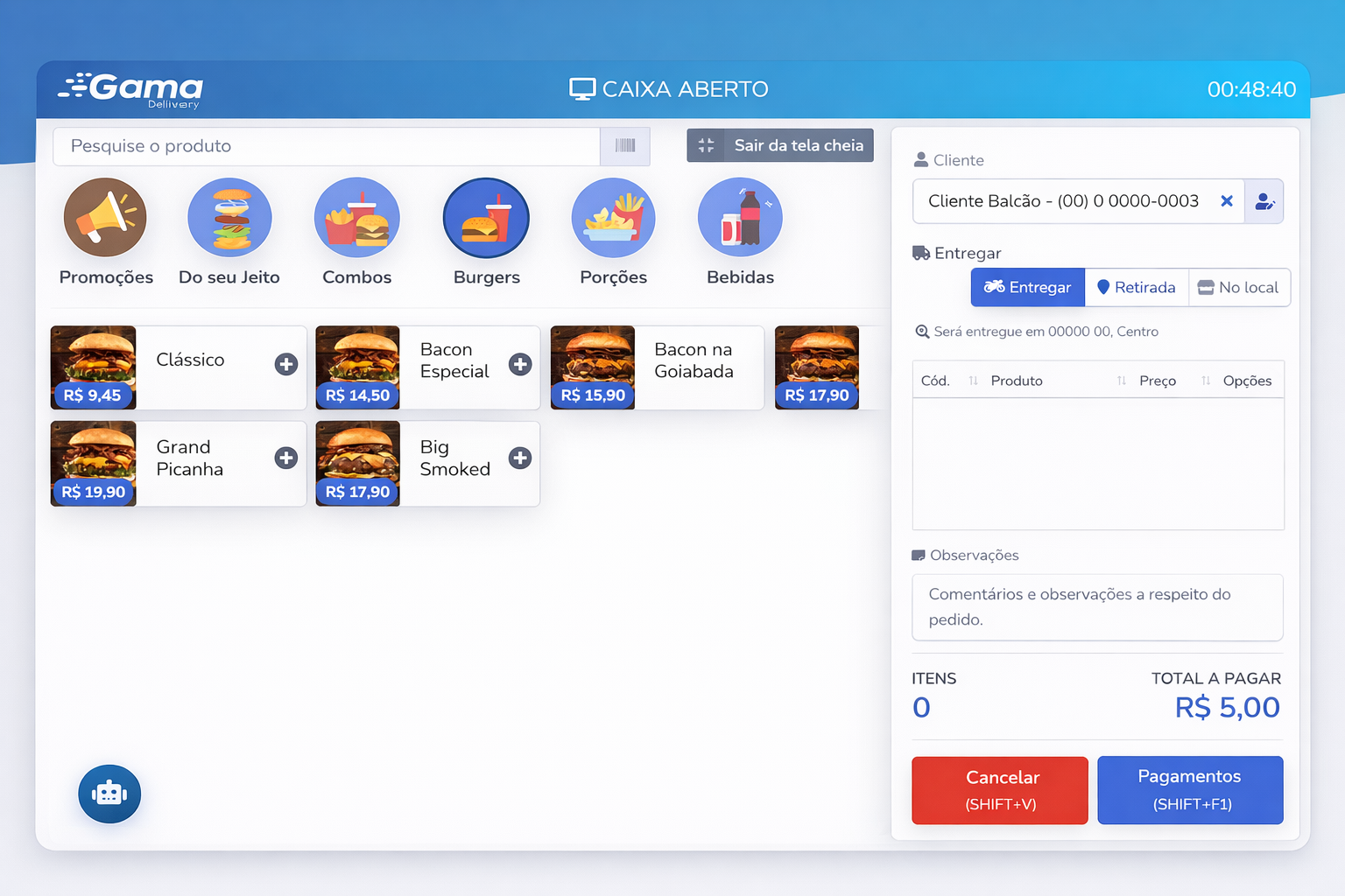 Tela de pedidos do sistema Gama Delivery